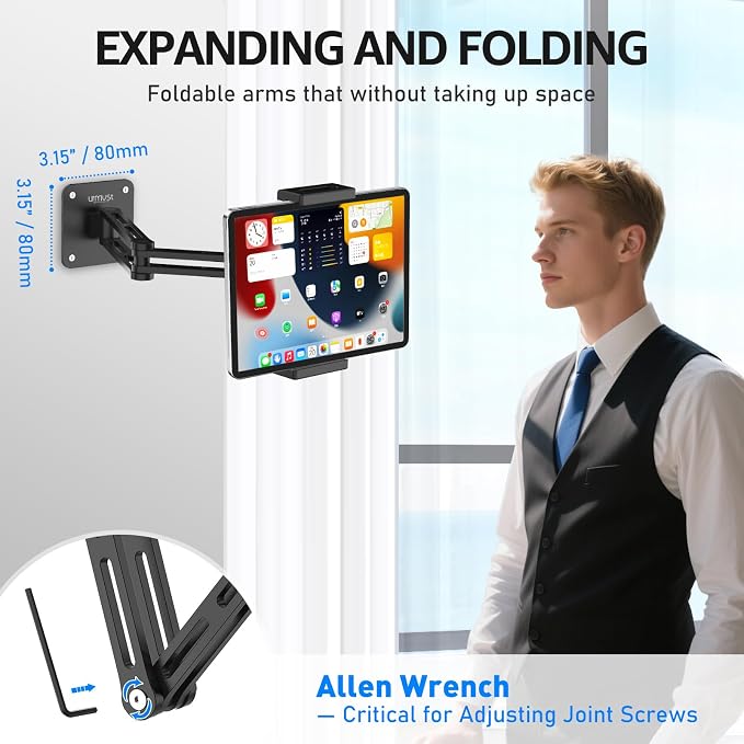 Urmust Tablet Wall Mount Holder for iPad, 360°Rotation Adjustable Tablet Stand Holder with Aluminum Extendable Arm, for iPad mini/Air/Pro/Galaxy Tab/Kindle, All 4.7-13" Phones & Tablets