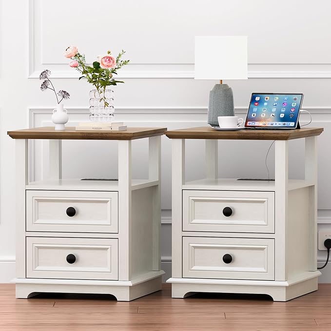 REDAYFUR 18" Wide End Table with Fast Charging Station Set of 2, 18” Wide Sofa End Table with Drawers,Storage Rustic Wood Storage Cabinet,Sofa Table for Living Room,White