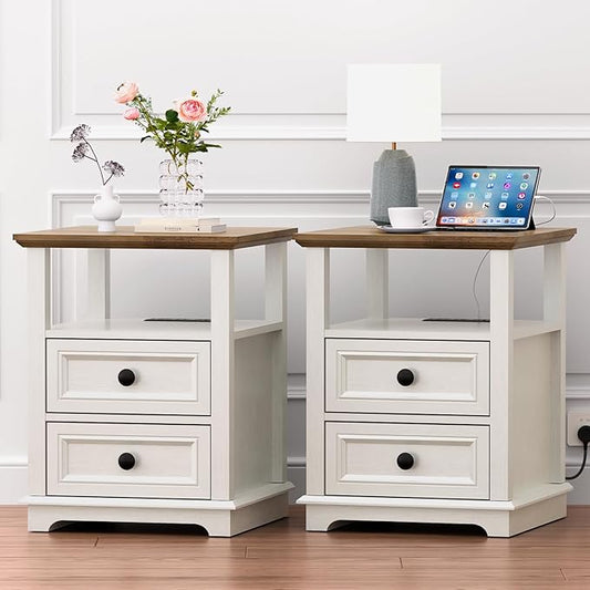 REDAYFUR 18" Wide End Table with Fast Charging Station Set of 2, 18” Wide Sofa End Table with Drawers,Storage Rustic Wood Storage Cabinet,Sofa Table for Living Room,White