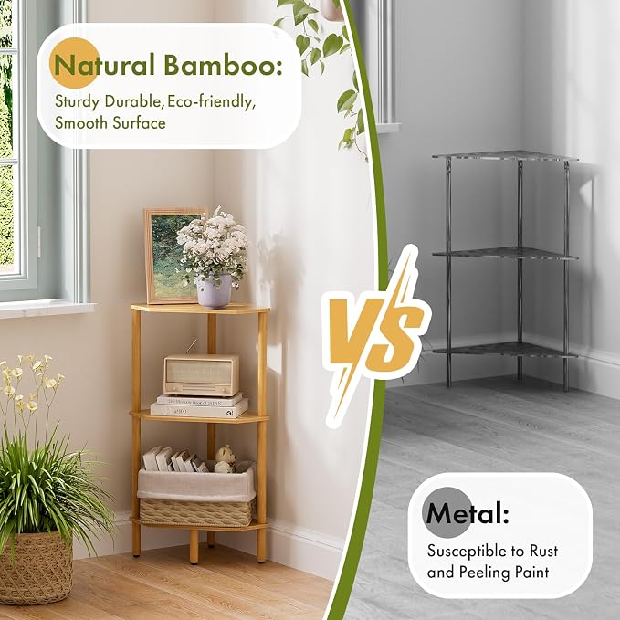3 Tier Bamboo Corner Shelf, Storage Stand with Adjustable Feet, Small Spaces Corner Bookshelf, Plant Stand, Space-Saving Organizer Shelves, Small Corner Table for Bathroom Kitchen Living Room