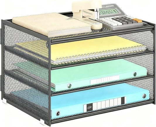 Lavatino 3-Tier Letter Tray Desk Organizer – Grey Mesh Metal Paper File Tray Organizer for Desk, Office Supplies & Home Organization | Fits A4/Letter Paper, Mail, Magazines and Office Accessories