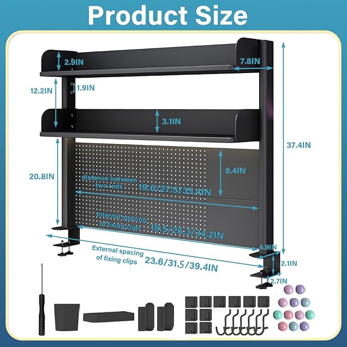 Clamp on Desk Organizer Shelf with Pegboard, Multipurpose Countertop Hutch Bookshelf, Desktop Bookshelf Storage Shelves for Home Office Dorm Gaming Desk,Black (39.4in)