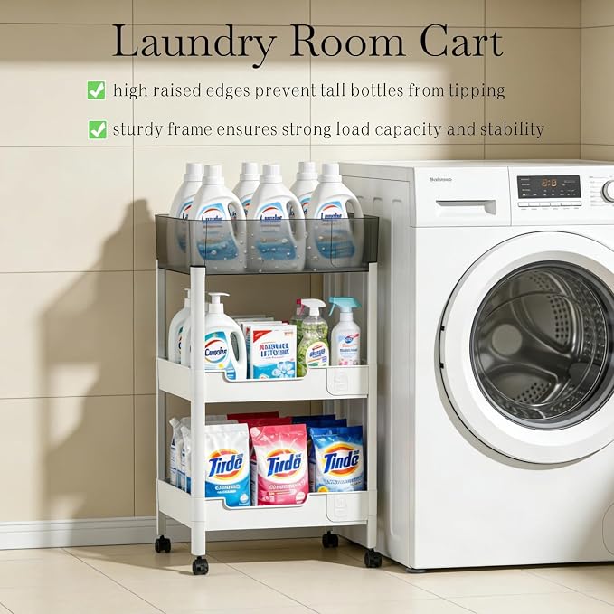 3 Tier Rolling Cart with Wheels 4.7'' Deep Baskets Bathroom Storage Shelf Heavy Duty Plastic Bedside Cart, Large Capacity Snack Stand Diaper Caddy Laundry Room Kitchen Organizer, White