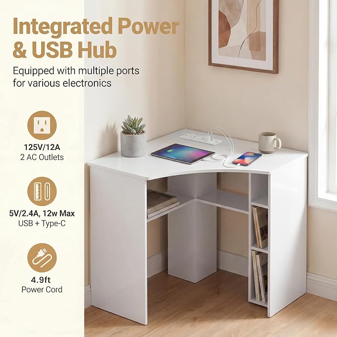 Giantex White Corner Desk, Triangle Computer Desk with Charging Station, Open Storage Shelves and Curved Edge, Space Saving Writing & Makeup Vanity Desk for Small Spaces, Home Office, Bedroom