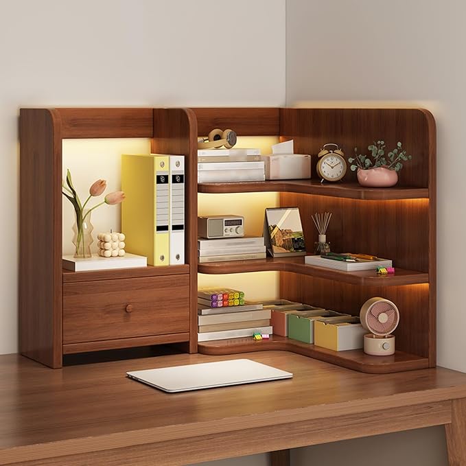 Desktop Corner Bookshelf with Storage Stable Wooden Structure Multifunctional Freestanding Display Rack for Home Dorm Office Supplies(Brown)