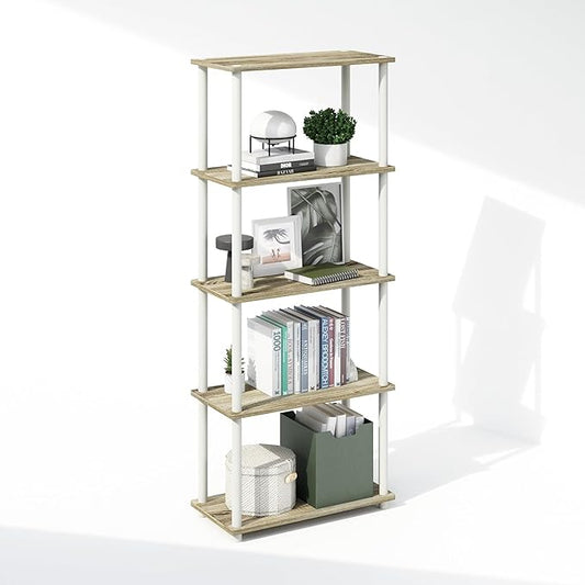 Furinno Turn-N-Tube Book Shelf, 5-Tier Bookshelf, Bookcase with Multipurpose Compact Display Rack, 11.6 x 23.6 x 57.4, for Living Room, Bedroom, Home Office, Sonoma Oak/White