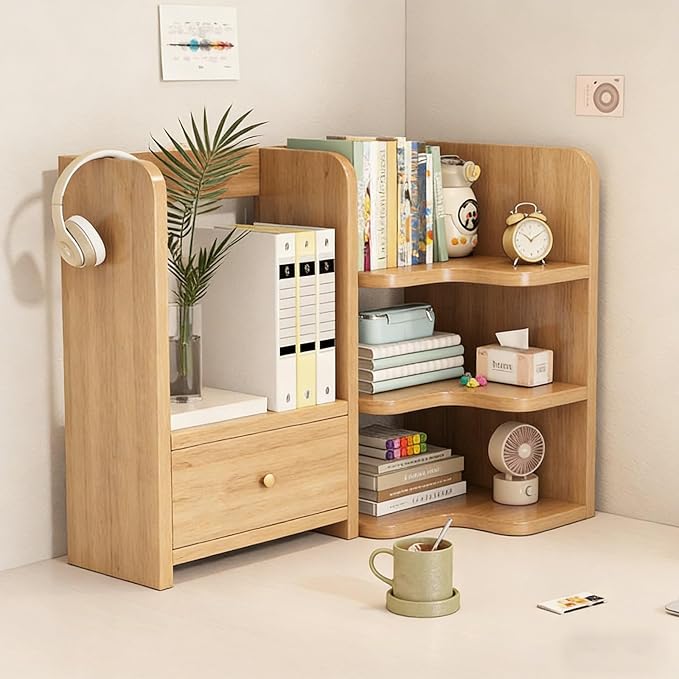 Desktop Shelf Organizer Corner Bookshelf, Computer Desktop Bookshelf Storage Rack for Desk Top, Wooden Desk Storage Hutch with Drawer, 3 Tier Desktop Organizer Shelf(Natural,50+30CM/19.7+11.8IN)