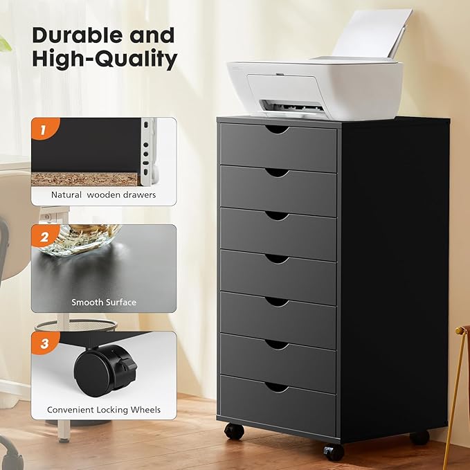 7-Drawer Chest, Office File Cabinet with Wheels, Black