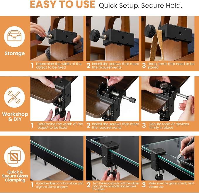 Heavy Duty C Clamp & Desk Clamp, Aluminum Alloy Table Mount with 1/4" & 3/8" Camera Tripod Adapter, Wide Jaw Design for Desk, Shelf, Camera Mount, Woodworking & Workbench (Black)