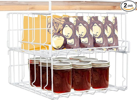 Hanging Under Shelf Storage Basket, 2 Pack Foldable Under Cabinet Metal Desk Storage Wire Rack Organizer for Kitchen Pantry Bookshelf Office Home, Easy to Install Slide-in Under Shelves (White)