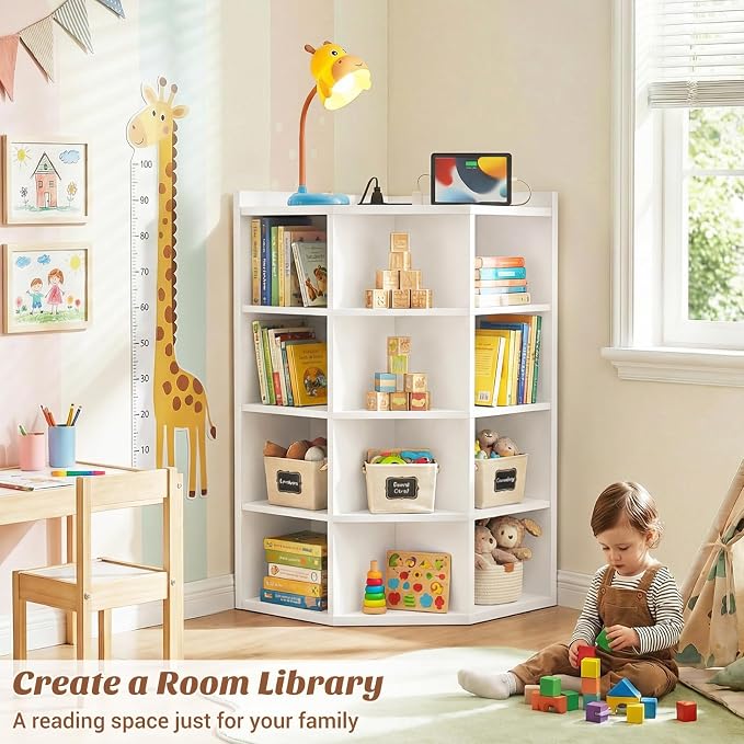 Aheaplus Corner Cabinet, 5-Tier Corner Bookshelf with Power Outlets, Corner Cube Storage Shelf with Top Table, Wooden L Cubby Toy Storage with 12 Cubes for Home Office, Bedroom, Living Room, White