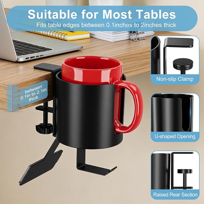 MYITYARD 3 in 1 Desk Cup Holder Clamp, Clip On Table Cup Holder with Headphone Hook & Power Strip Holder, Rotatable Water Bottle Drink Coffee Mug Organizer, Gaming Accessories for Home and Office