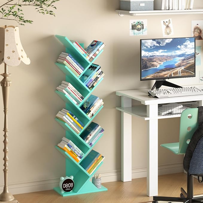 SHEEPAM 10 Tier Tree Book Shelf, Floor Standing Wood Bookshelf for Narrow Space, Storage Organizer Bookshelves for Books/CDs/Magazine, Bookcase with Shelves for Home Office, Living Room - Green