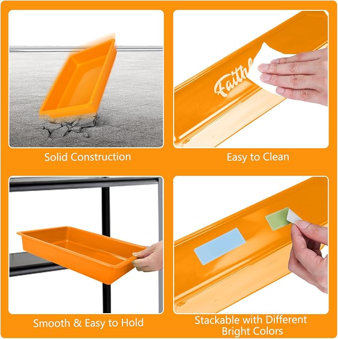 ShineMe 6 Pack Paper Trays for Classroom, Orange Plastic Book Bins with Colorful Labels, Stackable Letter Size Storage Tray, Desk Organizer Tray for Home, School and Office