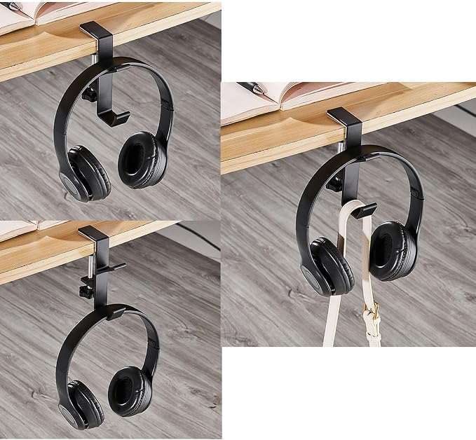 2 Pcs Adjustable Table Clamp Hooks Aluminum Alloy Under Desk Holder Desk Side Mount Hook for Headphones Bags Hats Keys Vacuum Cup (Black)