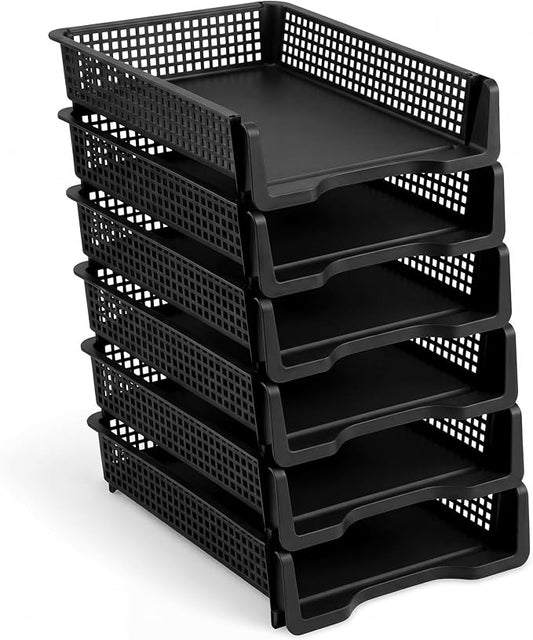 Geetery Set of 6 Plastic Trays for Teachers Turn in Trays Classroom Stackable Paper Tray Plastic Classroom Teachers Desk Letter Organizer Storage Baskets for Office, Desk, Home (Black)