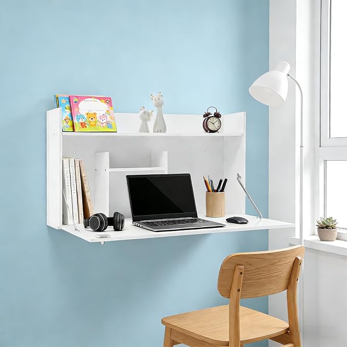 Wall-Mounted Foldable Desk Cabinet with Storage Drawers, Space-Saving White PVC Organizer for Home Office, Study Room, Bedroom, Small Apartment & Remote Work