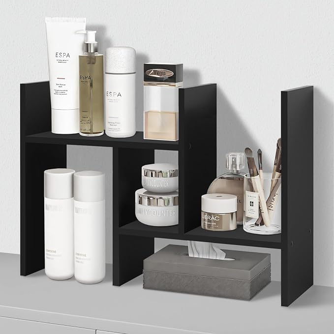 MASAKA B&W - Desk Organizer Aesthetic Shelf, Desktop Bookshelf, Double H Plants Display Shelf, Storage Rack Adjustable Stackable for Office Home Dorm - Perfect for Books, Plants & Decor (Black)