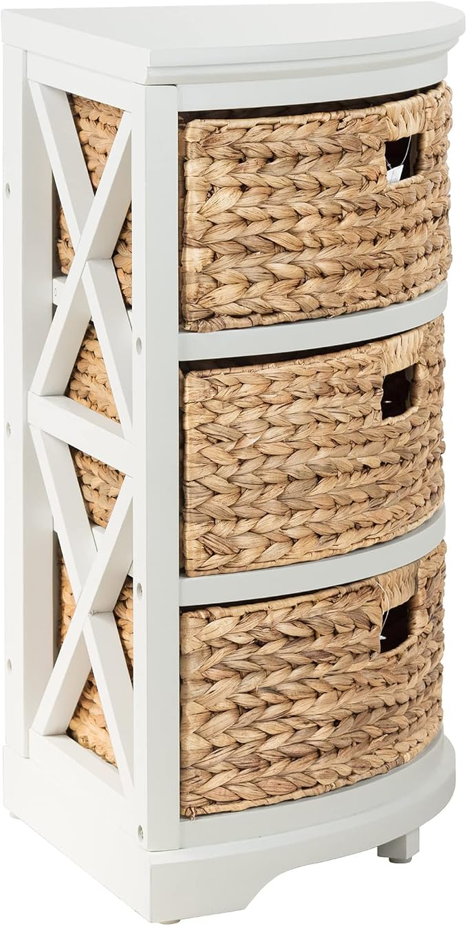 Hampton Meadows 3-Tier End Table with Storage Baskets, Narrow Side Table for Small Spaces, Farmhouse Nightstand and Corner Accent Table with 3 Water Hyacinth Woven Baskets, White, 14 x 14 x 25.5 Inch
