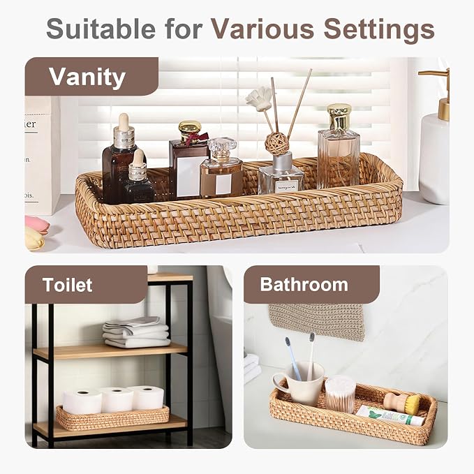 Hipiwe Rattan Basket Tray Handwoven Key Basket Holder for Entryway Long Narrow Bathroom Sink Vanity Tray Toilet Tank Basket Wicker Decorative Trays for Home Decor, 15.8"x 6"x2.2"