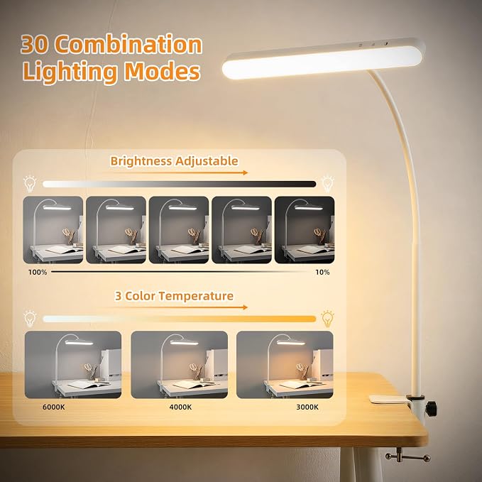 ShineTech Rechargeable LED Desk Lamp for Home Office, Magnetic Cordless Clip On Desk Light with Clamp, 3 Color Modes & Stepless Dimming, Eye-Caring Gooseneck Lamp for Reading, Study, White