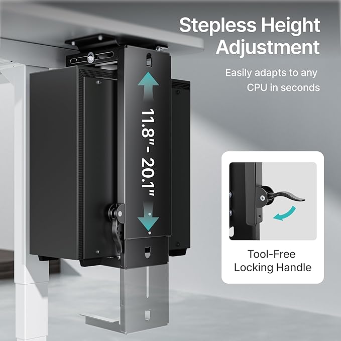 PEGZONE Adjustable Under Desk PC Mount, 3.5 to 8 Inch Wide Computer Tower Holder with Locking Handle,360 Degree Swivel Adjustable Height and Width, Black