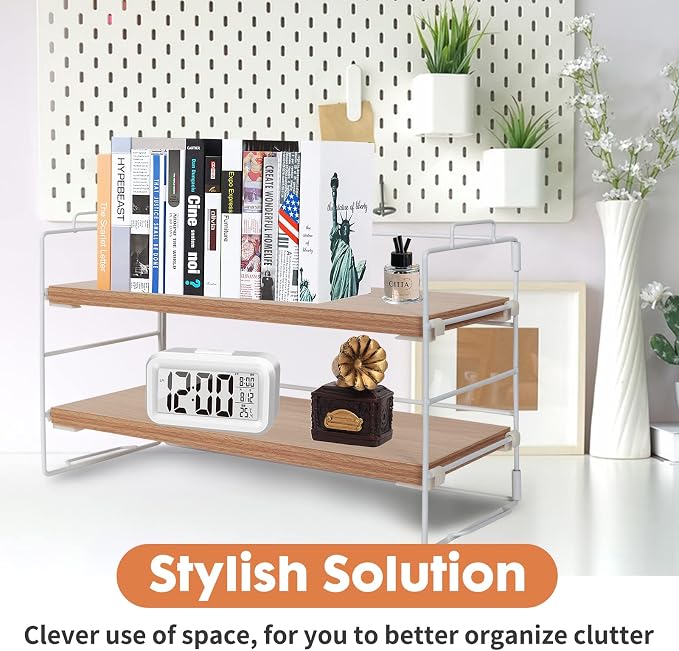 ShellKingdom Display Shelf for Figures, 2 Tier Desk Shelf Organizer, Desktop Shelves, Adjustable Bookshelf Storage Rack and Office Cubicle Decor for Tabletop, Office, Dorm (White Frame + Wood Board)