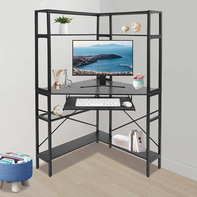 Corner Desk with Hutch, 90 Degrees Triangle Computer Desk w/Keyboard Tray & Bookshelves for Small Space Space Saving Writing Desk w/Storage Shelves for Bedroom Apartment (Black)