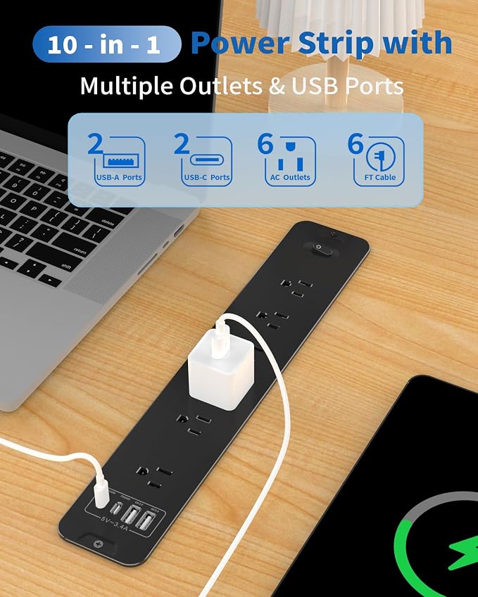Recessed Power Strip, Flush Mount Power Strip with USB Ports, PD 20W USB C Fast Charging, 6 FT Extension Cord Surge Protector with1800J, Furniture Hidden Outlet for Side Table, End Table