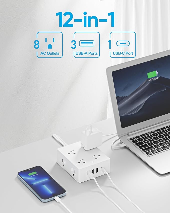 Olcorife Flat Plug Power Strip with 15 FT Extension Cord, 8 Outlets 4 USB Ports(1 USB C), 3 Sided Outlet Extender for Home Office Travel Dorm Room Essentials, White