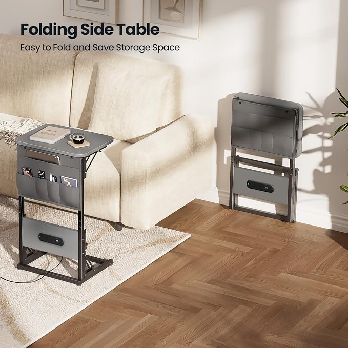 HLDIRECT C Shaped End Table with Charging Station, Couch Side Table with Storage Bag, Foldable TV Tray with 2 USB Ports and Outlets for Living Room, Bedroom, Gray