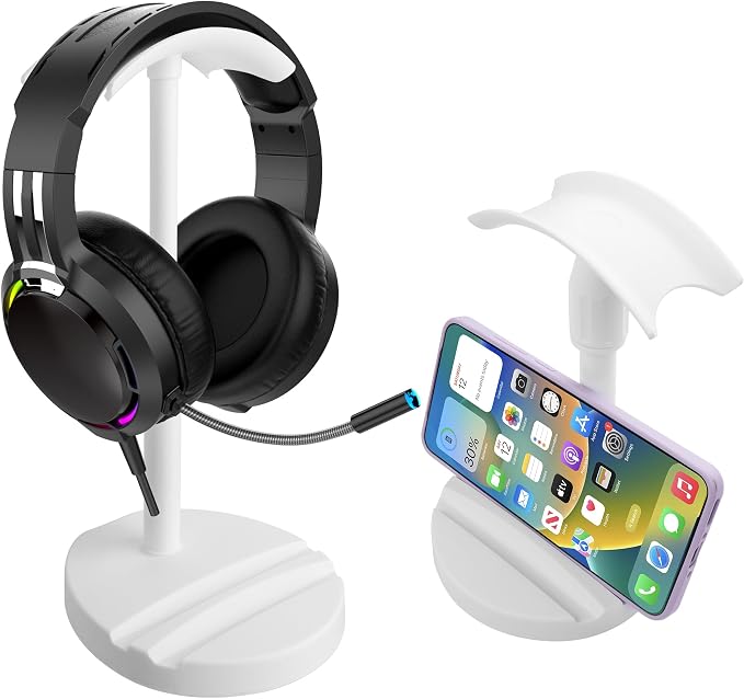 YAODHAOD Desktop Headphone Stand, Universal Headphone Holder with Phone Holder,Anti-Slip Base, for Desk, Office, Home Headphones Support Accessory (White)