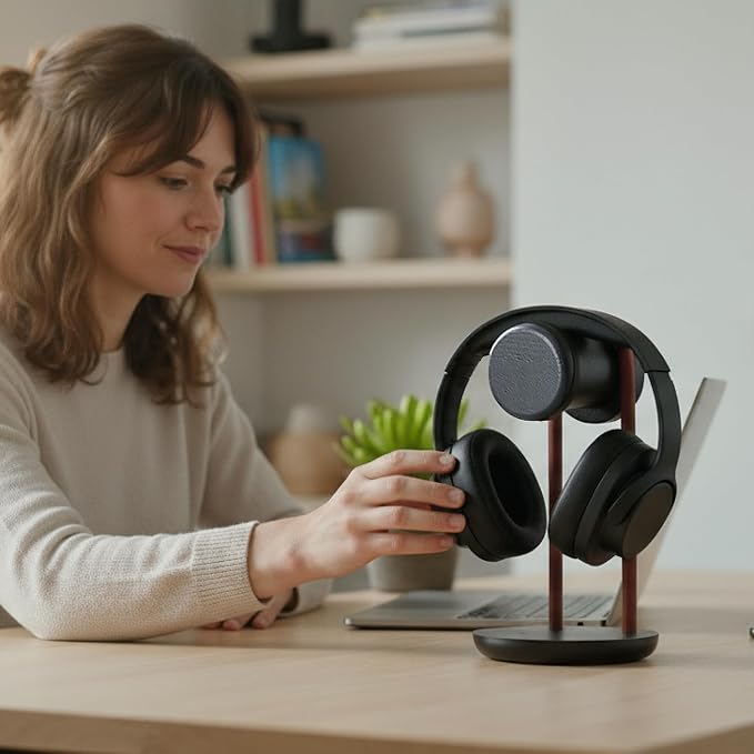 Fenge Headphone Stand for Desk, Nature Wood & Metal Headphone Holder with Storage Base, Desktop Headset Stand for Gaming Universal Headphones, Black