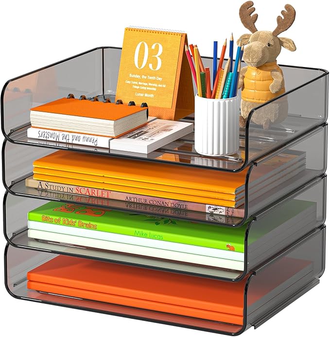 FANXIYQ 4-Tier Acrylic Paper Tray Organizer, Brown Stackable Desk File Organizer for Documents, Mail, Homework & Notebooks, Letter Tray Storage for Home Office, Classroom & Study Desk