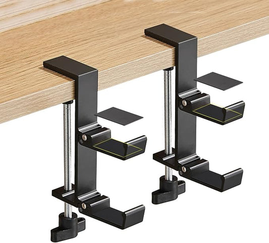 Heavyrain Desk Edge Headphone Holder and Bag Hook, Clamp-On Design, No Drill Installation, Metal, Black