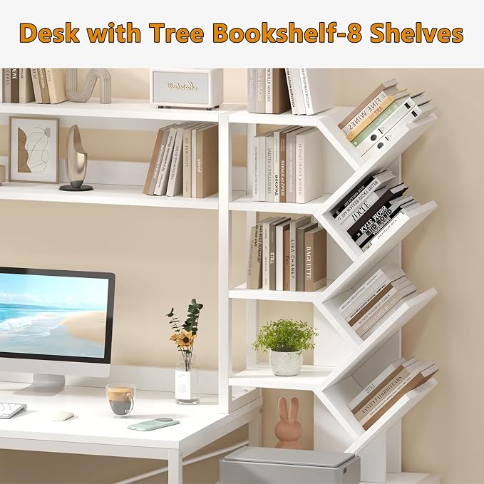 YOMILUVE Reversible Computer Desk with Hutch, Home Office Desk with Drawers and Bookshelf, 52'' Study Writing Desk with Storage Shelves for Bedroom Home Office, White