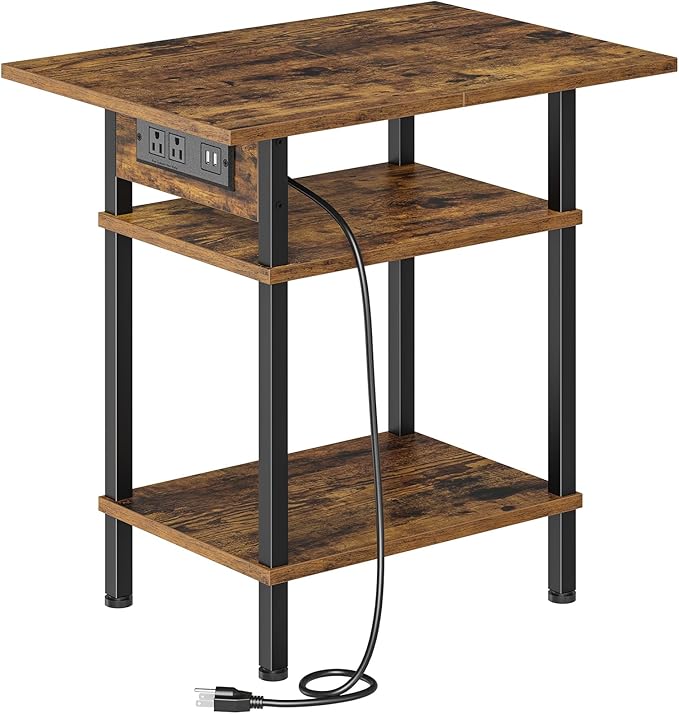 Asgolion Side Table with Charging Station, Skinny Nightstand with USB Ports and Outlets, 3 Tier Narrow End Table with Storage for Bedroom, Living Room, Office, Rustic Brown and Black