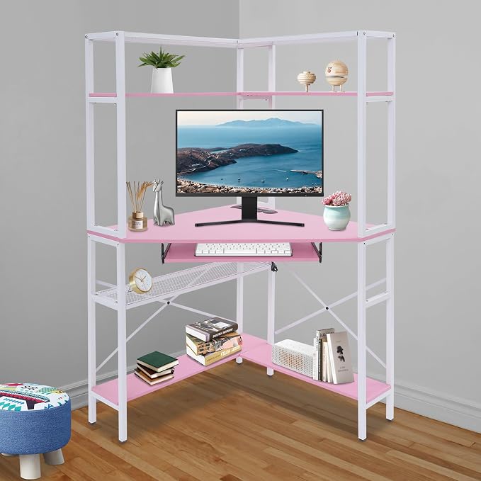 Corner Desk, Triangle Corner Computer Desk with 2 USB Ports and 2 AC sockets, Small Computer Desk with Hutch and LED Lights ComputerDesk for Small Space, Home Office Desk, Pink