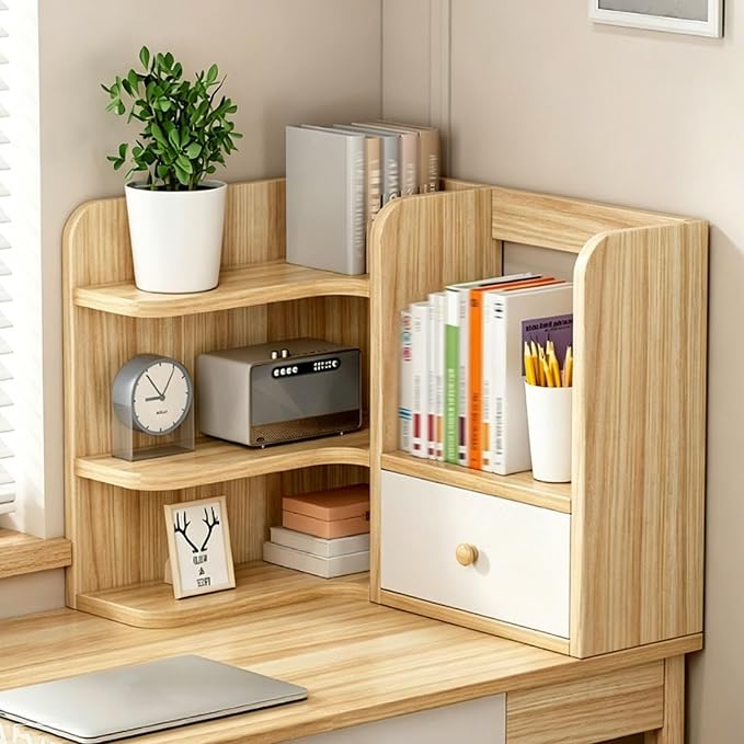 3-Tier Corner Desktop Organizer Shelf, Wooden Desktop Bookshelf with Drawers, Multifunctional Desk Hutch Dorm, Desk Display Rack, Cube Storage Organizer Bookcase(Wood B-r,23.6x19.6x19.6'')