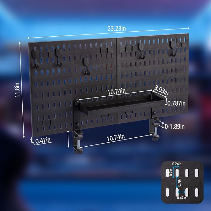 Gaming Desk Organizer - Clamp-on Desk Pegboard, No Drill Desk Side Storage with 5 Hooks and 1 Tray, Detachable Gaming Pegboard for Office & Home Desktop Organizer