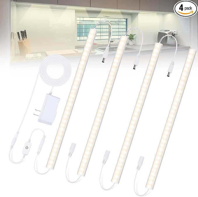 Under Cabinet Lights Plug-in Daylight White 4000K, Dimmable LED Under Cabinet Lighting, 4pcs 12 Inch Under-Counter Light Fixtures with Memory Function, Linkable LED Cabinet Light for Kitchen