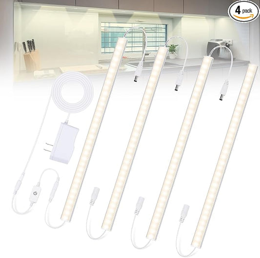 Under Cabinet Lights Plug-in Daylight White 4000K, Dimmable LED Under Cabinet Lighting, 4pcs 12 Inch Under-Counter Light Fixtures with Memory Function, Linkable LED Cabinet Light for Kitchen