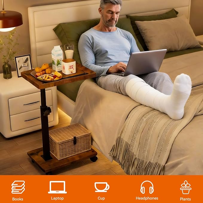 IBUYKE C Shaped Side Table Height Adjustable, 360° Swivel TV Tray Table with Wheels, End Table for Small Spaces,Living Room,Small Bedside Table for Eating, Dinner or Laptop, Brown UTVT007H