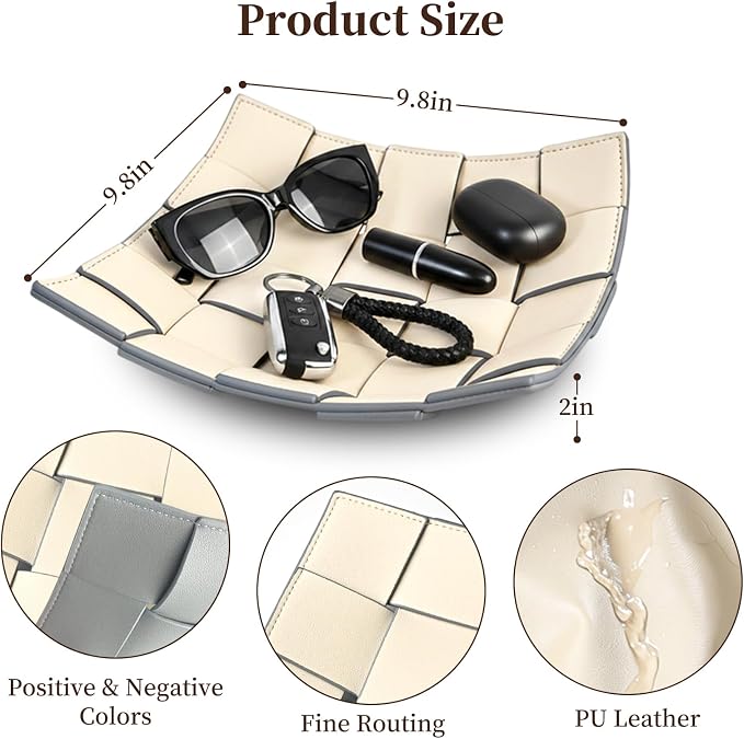 MSJGA Valet Tray PU Leather Key Holder Bowl for Women and Men Entryway Table Nightstand Desk Tray for Wallet, Keys Men's Gift - Beige & Gray, 9.8" L x 9.8" W x 2" H
