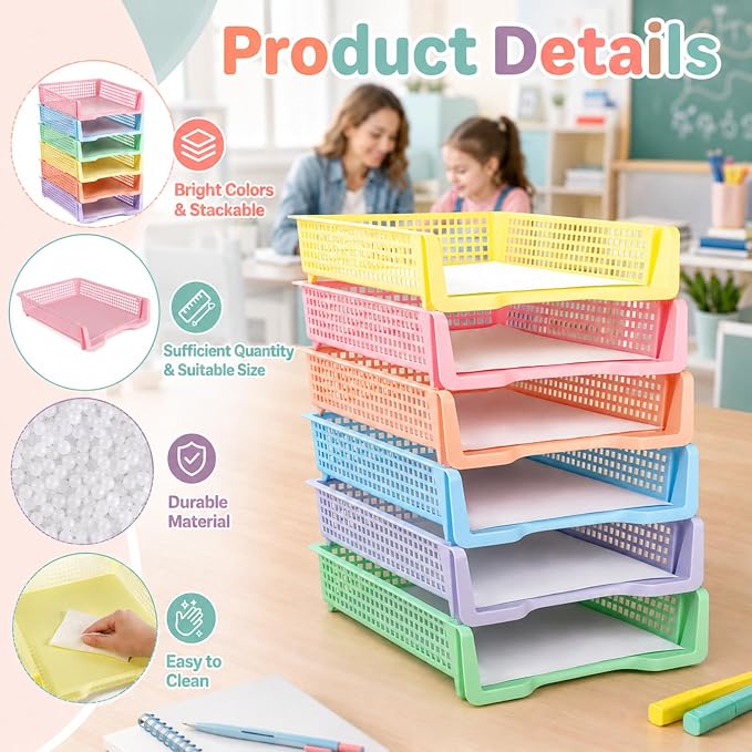 Set of 6 Pastel Turn in Trays for Teachers Stackable Classroom Paper Letter Trays Plastic Classroom Desk Letter Organizer Tray Storage Baskets for Library, Drawers, Office, Home