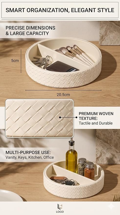 Round Faux Leather Vanity Tray Organizer for Dresser Perfume | Elegant woven leather tray for perfume, sunglasses & keys. A stylish 2-compartment organizer for your console table.
