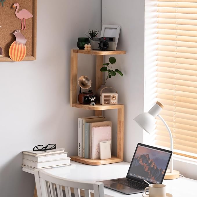 Corner Shelf Stand Desk Organizer,26.8" H Rubberwood Brown Rack for Small Spaces, Bedroom,Home Office,Kitchen,Bathroom (Natural, 3 Tier)