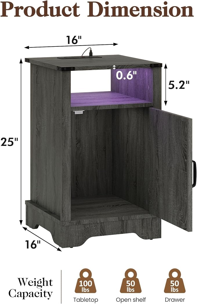 RoyalCraft 25" Tall Nightstand Set of 2, Farmhouse LED Nightstand with Charging Station, Wood End Table with Storage, Bedside Table for Bedroom, Dark Grey