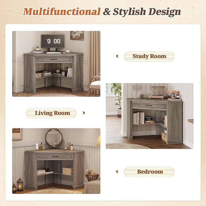 SEDETA 31.5" Small Corner Desk, Corner Desk for Small Space, Farmhouse Computer Desk with Drawers, Triangle Computer Desk with Storage Shelves for Home Office, Living Room, Bedroom, Gray