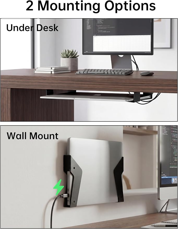 NiHome Under Desk Laptop Mount & Wall Holder, Adjustable Metal Bracket for MacBook, Keyboard, Tablet, Fits Devices up to 35mm, Screw or Adhesive Install, Space-Saving Tray Under-Desk Storage